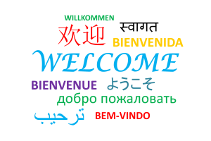A word cloud of the word "Welcome" in a variety of languages, colours, sizes, and fonts.