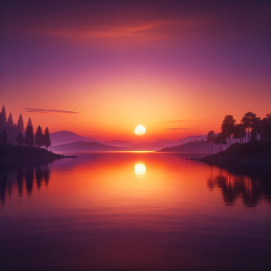 A serene sunset over a calm lake, with the sky painted in shades of orange, pink, and purple. The water is still, reflecting the colors of the sky.
