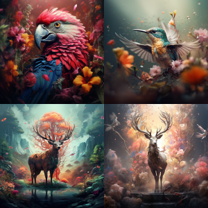 4 examples of digitally created artwork featuring vibrant and abstract representations of elements found in nature, such as flowers, trees, or landscapes, using a combination of colors and textures.