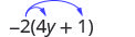 To the right of this, we have the expression negative 2 times (4y plus 1) with two arrows coming from the negative 2. One arrow points to the 4y, and the other arrow points to the 1.