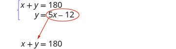 x+y=180 y=5x-12 x+y=180