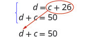 d=c+26 d+c=50 d+c=50