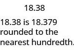 Finally, the last step reads “Step 4. Rewrite the number, removing all digits to the right of the rounding digit.” To the right of this, we have 18.38 followed by “18.38 is 18.379 rounded to the nearest hundredth."