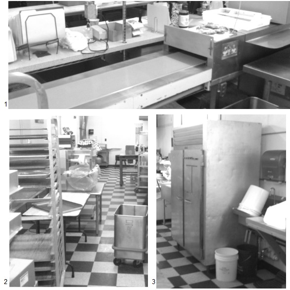 Trois photos en noir et blanc de la cuisine industrielle. Voir la description de l’image.