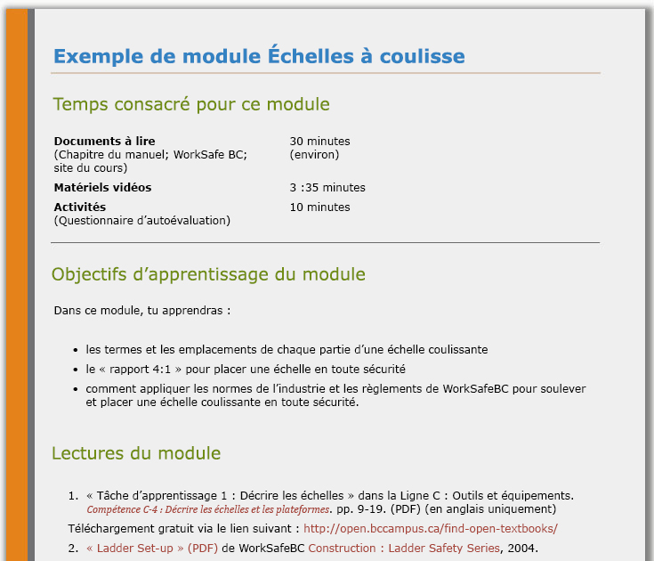 Module « Échelles à coulisses » de Moira : capture d’écran du temps consacré, des objectifs d’apprentissage et des lectures