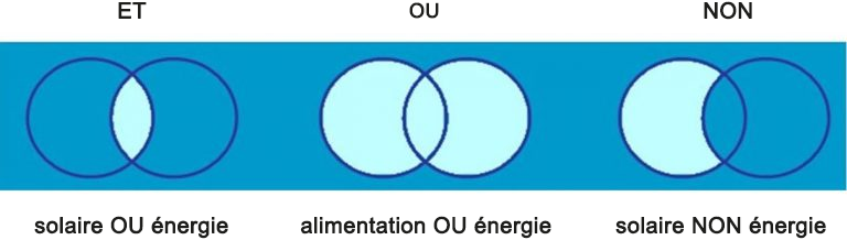 La figure 4.5 est un diagramme simple qui montre comment les opérateurs booléens peuvent être utilisés pour élaborer une stratégie de recherche. Les exemples sont : solaire ET énergie, alimentation OU énergie, et solaire SANS énergie.