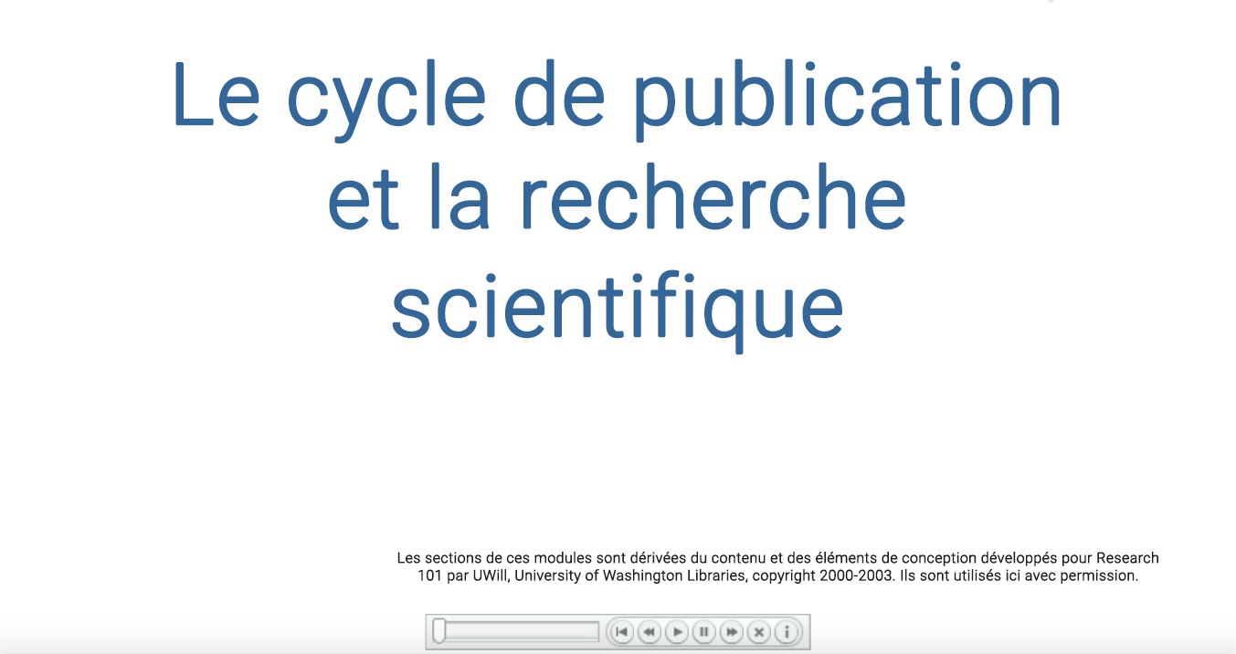 Tutoriel sur « Le cycle de publication et la recherche scientifique » Cliquez sur l’image pour suivre le tutoriel complet. Lien : https://ocw.mit.edu/ans7870/3/3.093/f06/tutorials/pub-cycle-with-quiz.swf