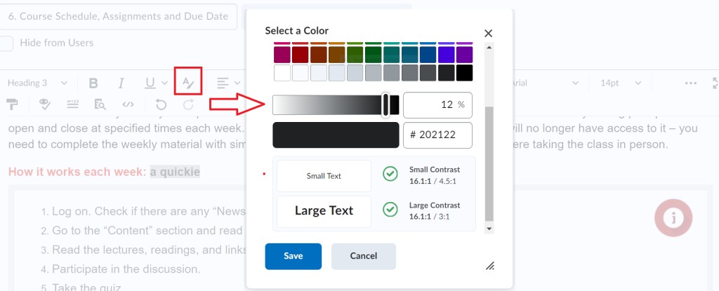 FOL Select Color button navigation within the HTML editor