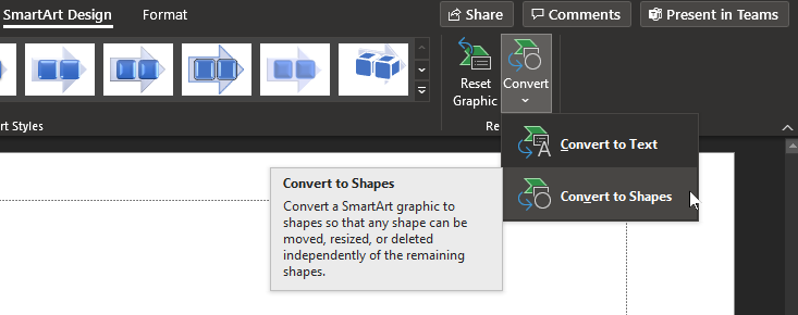 Convert a SmartArt graphic to shapes so that any shape can be moved, resized, or deleted independently of remaining shapes