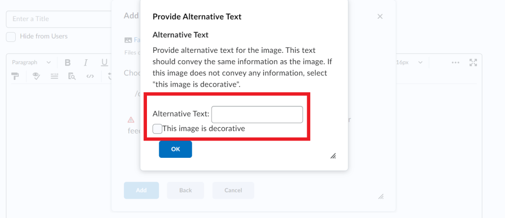 FOL Alt Text box which appears when adding an image through the insert image option