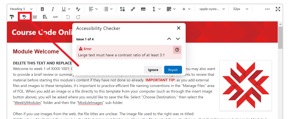 FOL Accessibility Checker found within the HTML editor navigation bar.