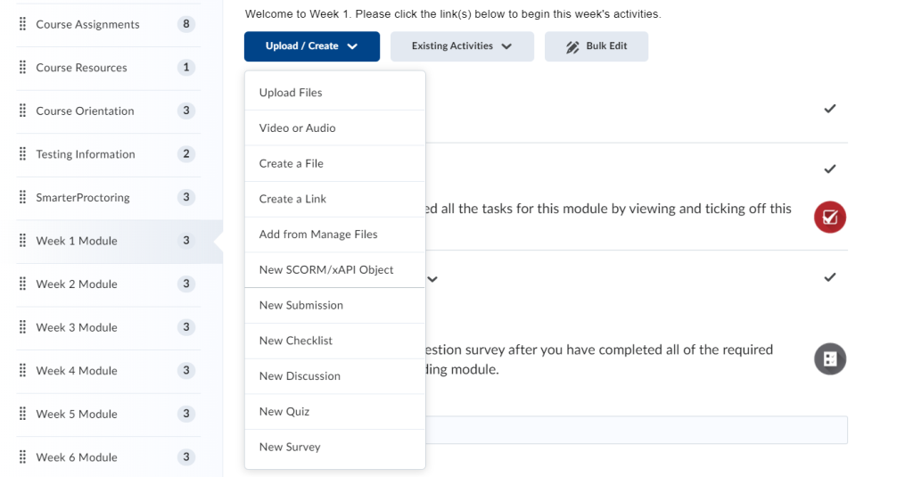 Image of the FOL Course Content section, showing the locations of the "Create a File" button.