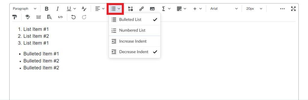 FOL HTLM editor showing the location of the Bulleted and Numbered List options