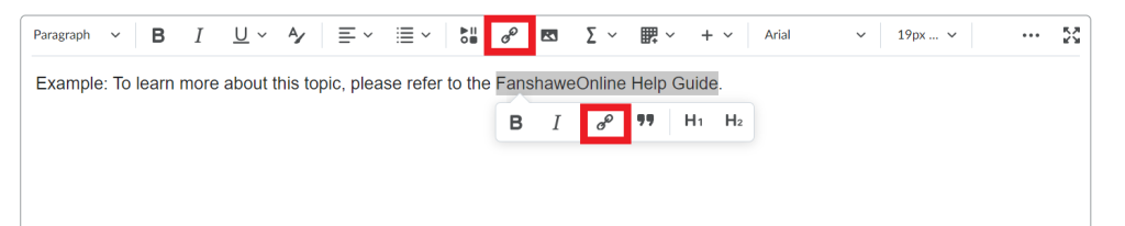 Image showing where the FOL Quicklinks button is located within the HTML editor.