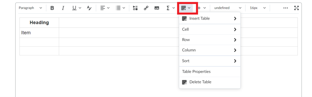 FOL HTML editor showing the location of the Insert Table option.