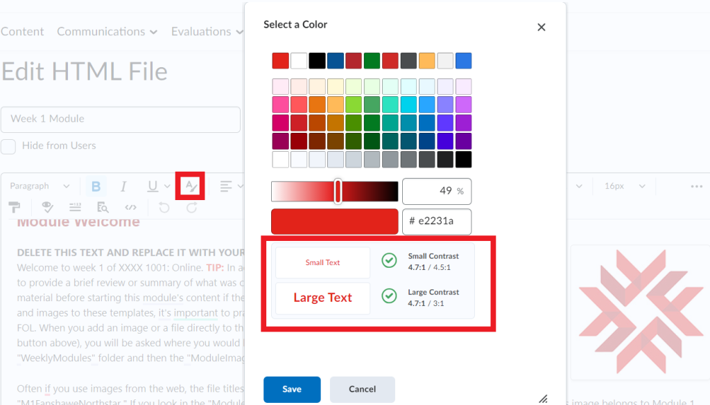Image of the FOL Editor tool highlighting the Change color button and the color picker pop-up and corresponding color contrast number.
