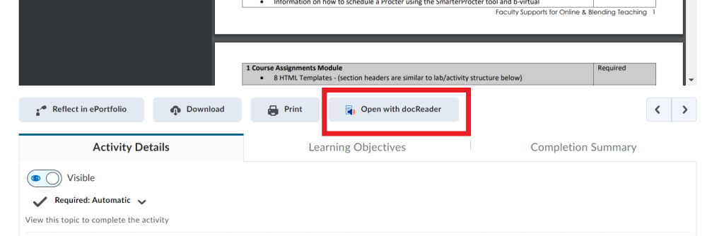 Image showing where the docReader bitton is located within FOL for non HTML pages. In this example, a PDF is loaded.