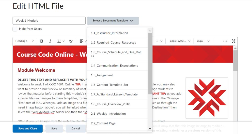 A visual screenshot of the FOL environment showing how to select a document template within the HTMPL file creation settings.