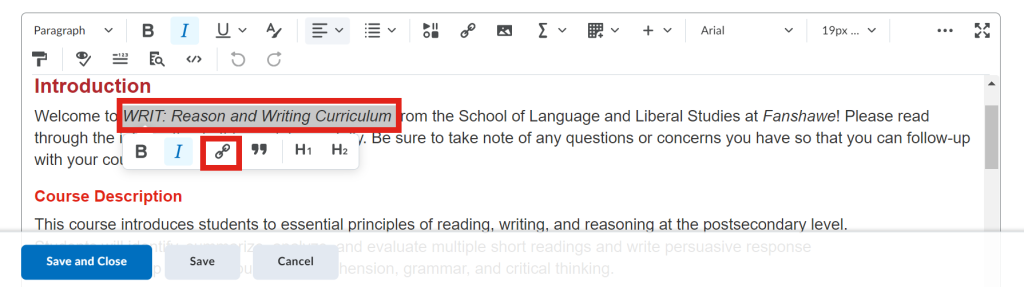 HTML editor in FOL showing the highlighting of text and the quick link popup screen to add a link.