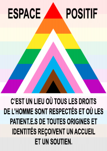 Affiche montrant « cet endroit est un lieu où tous les droits humains sont respectés, et où les patient.e.s de toutes origines et identités reçoivent un accueil et un soutien ».