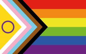 Drapeau des fiertés intersexuelle avec un chevron jaune supplémentaire et un cercle violet à gauche des chevrons trans.