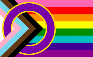 Drapeau des fiertés progressiste intersexe inclusif avec un cercle violet et jaune passant par les chevrons trans, marron et noir.