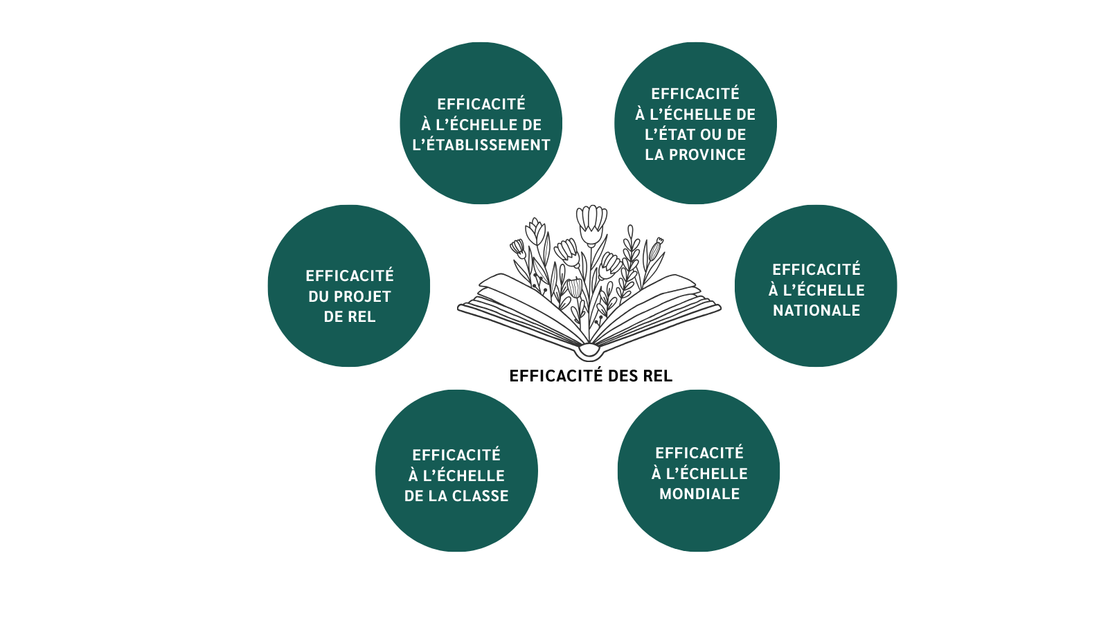 Diagramme présentant six niveaux d’efficacité des REL. Six cercles vert foncé entourent le croquis d’un livre ouvert nommé « EFFICACITÉ DES REL »; des fleurs poussent sur les pages. Les cercles, à partir de celui en bas à gauche, sont nommés, dans le sens horaire : Efficacité à l’échelle de la classe, Efficacité du projet de REL, Efficacité à l’échelle de l’institution, Efficacité à l’échelle de l’État ou de la province, Efficacité à l’échelle nationale, Efficacité à l’échelle mondiale.
