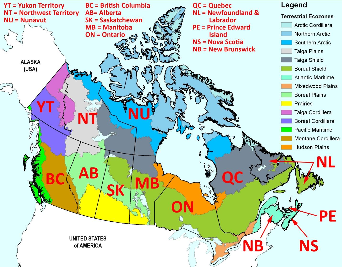 Map of Canada showing terrestrial ecozones