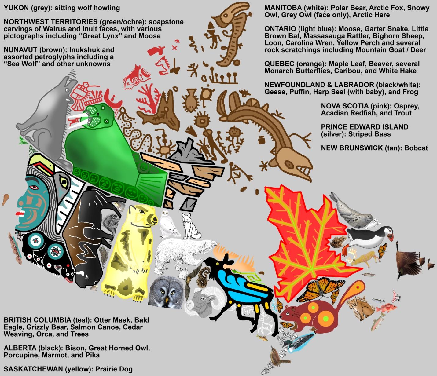 Map of Canada showing Indigenous artwork associated with each province and territory