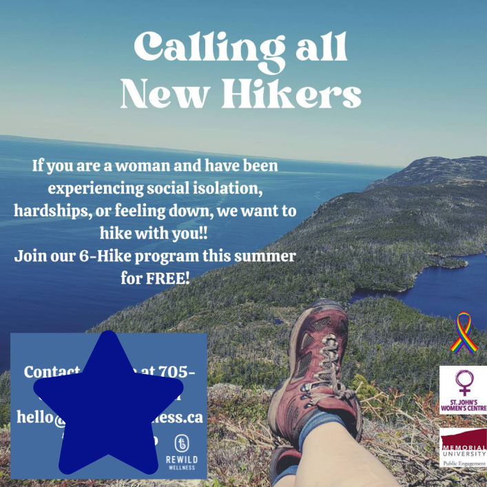 Photo of feet at the edge of a cliff overlooking water with the title "Calling all new hikers"