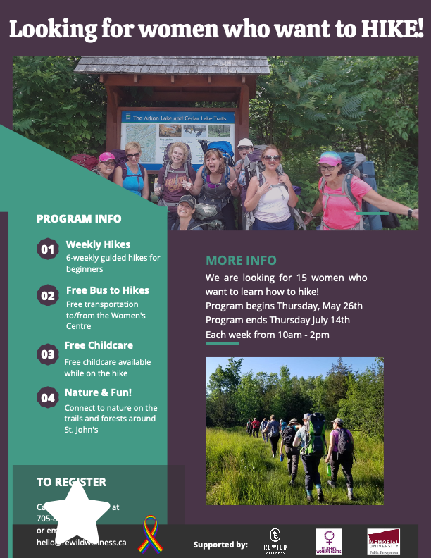 Flyer titled "Looking for women who want to hike" with a group of 7 women at a trailhead