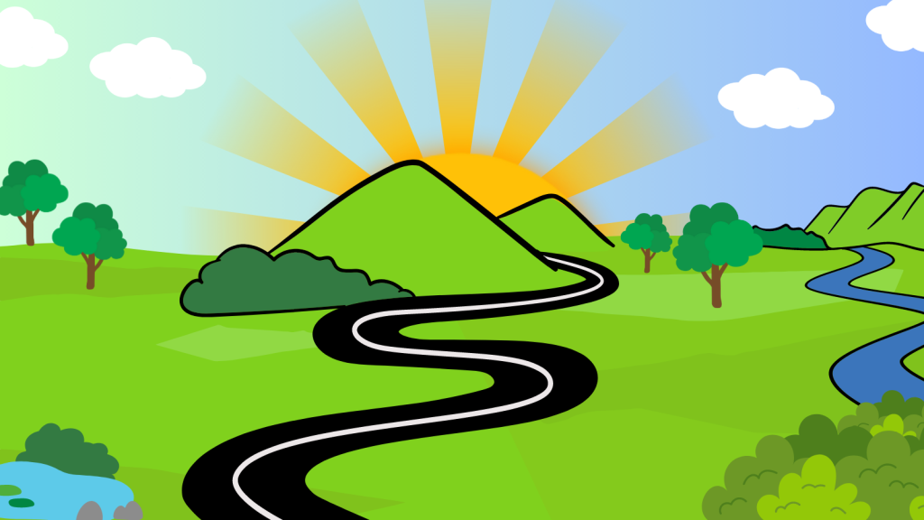 Illustration of a rising sun and a blue sky with white clouds behind two green hills. There is a winding road leading from the foreground into the hills in the background. To the right of the green hills is a winding blue river running parallel with the road.