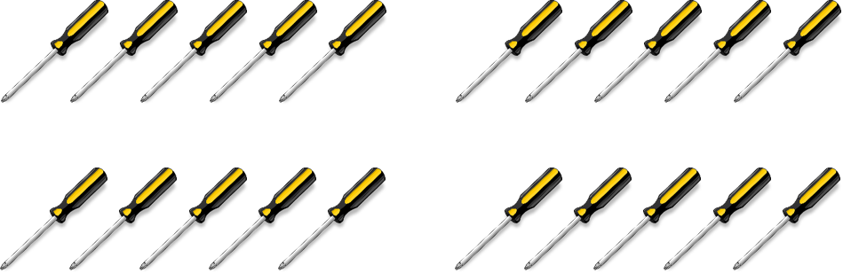 20 tournevis divisés en groupes de 5. Il y a 4 groupes au total.