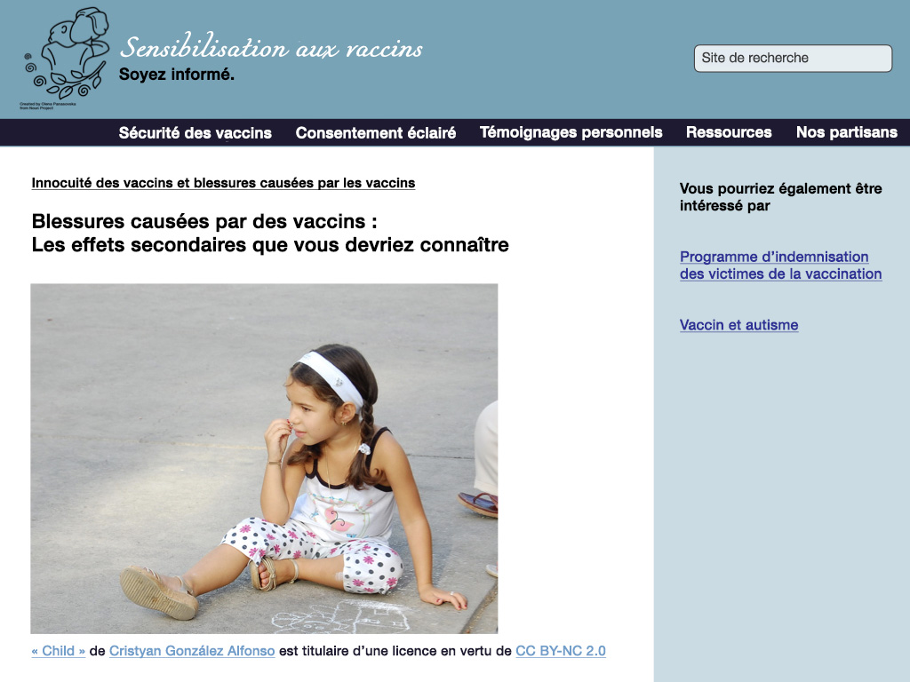Une page fictive d’un site Web anti-vaccination