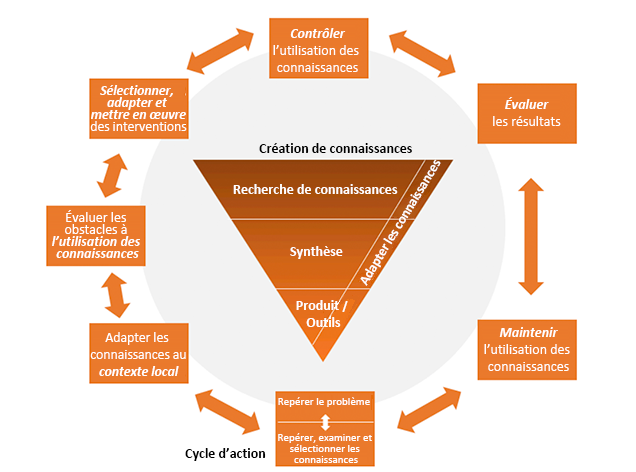 Le cycle des connaissances à la pratique, qui décrit les étapes de la création initiale de connaissances (recherche de connaissances, synthèse, génération d’outils, adaptation des connaissances), puis le processus du cycle de la pratique (identifier le problème, cerner, examiner et choisir les connaissances, adapter les connaissances au contexte local, évaluer les obstacles par rapport à l'utilisation des connaissances, choisir/adapter/mettre en place les interventions, surveiller l'utilisation des connaissances, évaluer les résultats, maintenir l'utilisation des connaissances).