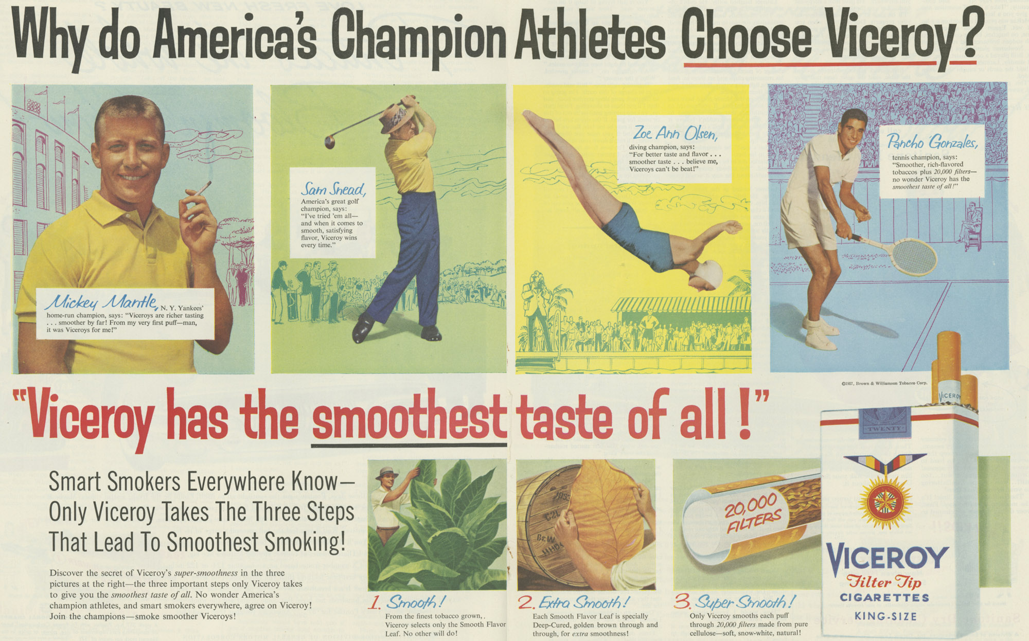 1957 cigarette advertisement for Viceroy cigarettes, with Mickey Mantle, Sam Snead, Zoe Ann Olsen and Pancho Gonzales
