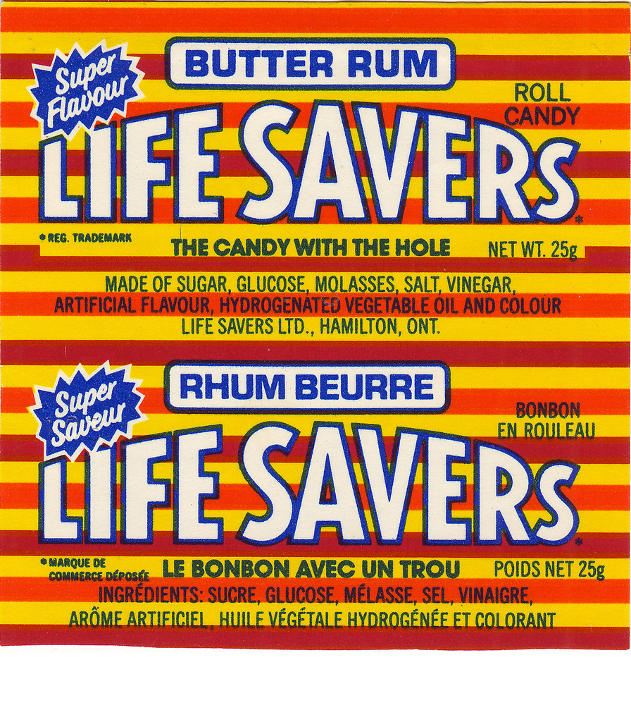 picture of the flattened wrapper of butter run flavoured life savers.