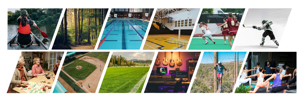 Selection of various sporting areas (pools, gyms, fields) and people doing activities (canoeing, hockey, lacrosse, yoga)