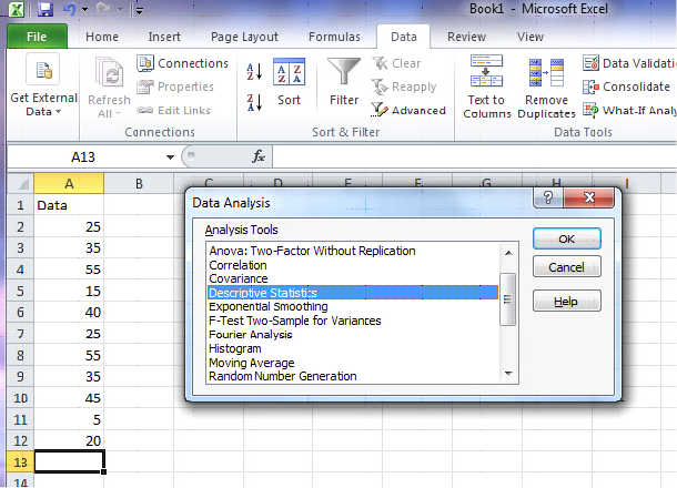 An image demonstrating how to access descriptive statistics functions in Microsoft Excel.