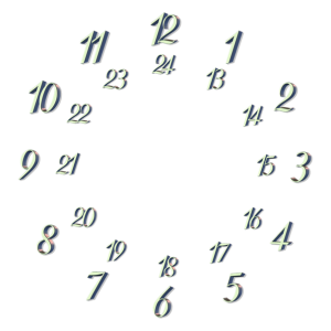 A simple illustration with the numbers 1-12 arranged in a circle, like the face of an analog clock; numbers 13-24 are arranged in an inner circle to show all 24 hours.