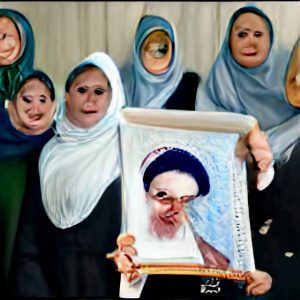 A row of feminine figures with distorted faces but sporting apparent smiles, wear different shades of blue hijabs and hold a scroll with a distorted image of a distorted masculine face wearing a turban.