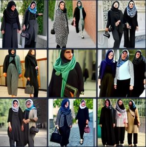 Nine squares of faceless feminine bodies walking down streets, wearing the hijab in outdated early 2000s fashion.