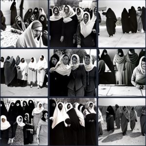 Nine black and white squares of faceless veiled women in clusters roaming.