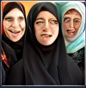 Three women with distorted faces in hijabs, two veiled in black and one in turquoise, they all smile.
