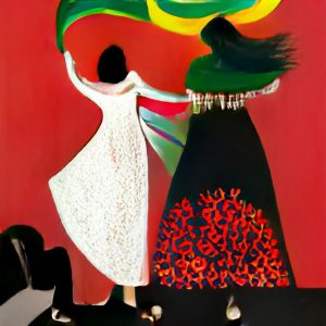 Two feminine figures with their backs to the viewer stand with their uncovered hair, the one on the left wears a white dress and waving a flag. The other one on the right wears a black dress but both stare ahead at the simple red background.