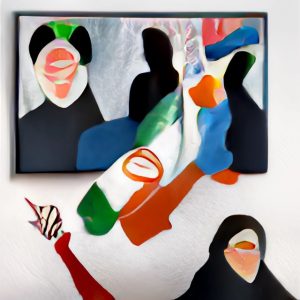 Faceless woman in black hijab is in the forefront while behind her a tableau with the Supreme Leader of Iran ruptures, the Iranian flag attached to the tableau is as though aflame.