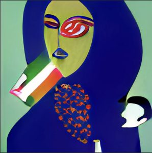 Feminine figure with a green face, in a dark blue veil has the Iranian flag jutting out her chin and a masculine head hovering near side, all against a mint coloured background.