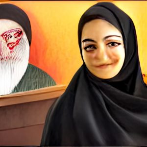 A singular woman in a black veil smiling, with a yellow background and a white bearded manly figure behind her.