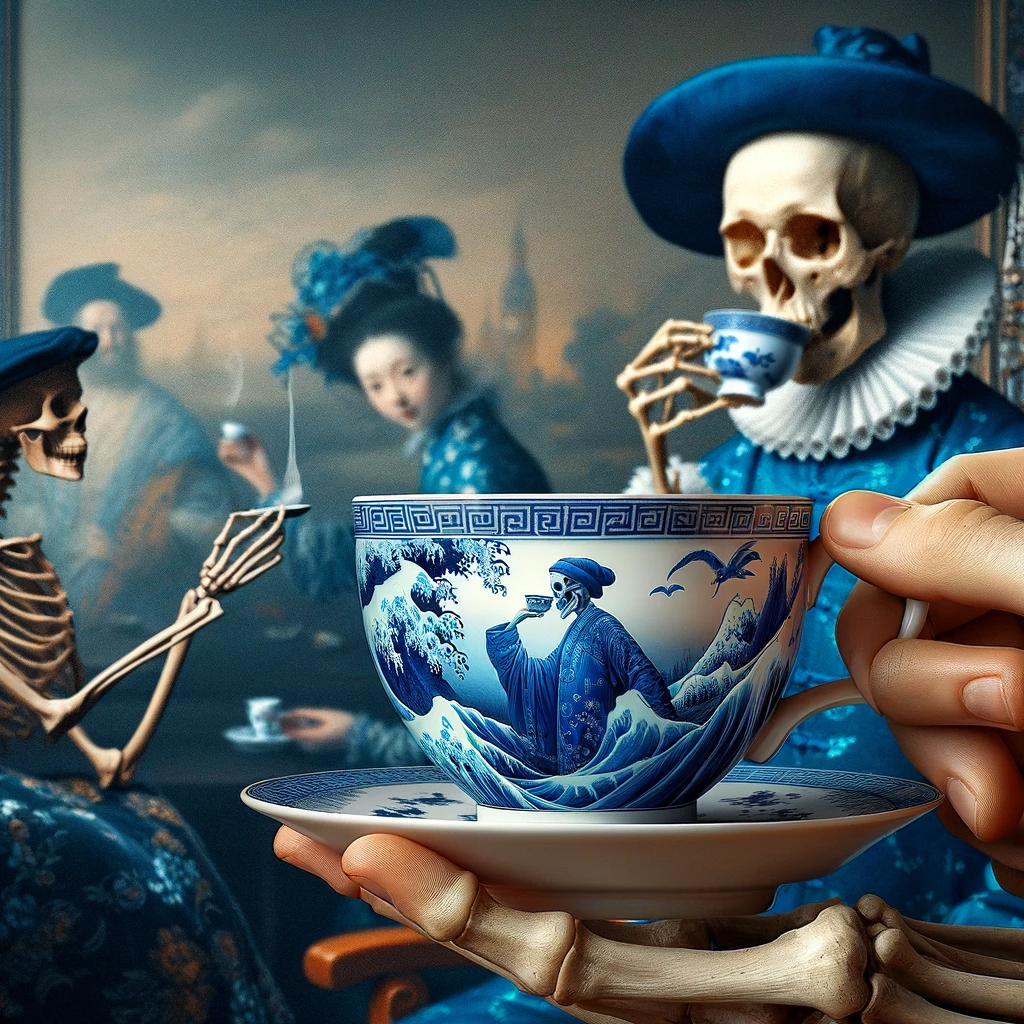 DALL-E Description: Create an image of a physical Chinese porcelain teacup in the foreground with highly stylized blue paintings from the previous designs on it. The background should be blurred and feature another skeleton with elegant attire, reminiscent of a Dutch oil painting, drinking tea from a teacup, providing a sense of depth and context to the scene. The focus should be on the intricate details of the teacup's painting, while the background remains soft and out of focus to highlight the teacup in the foreground.