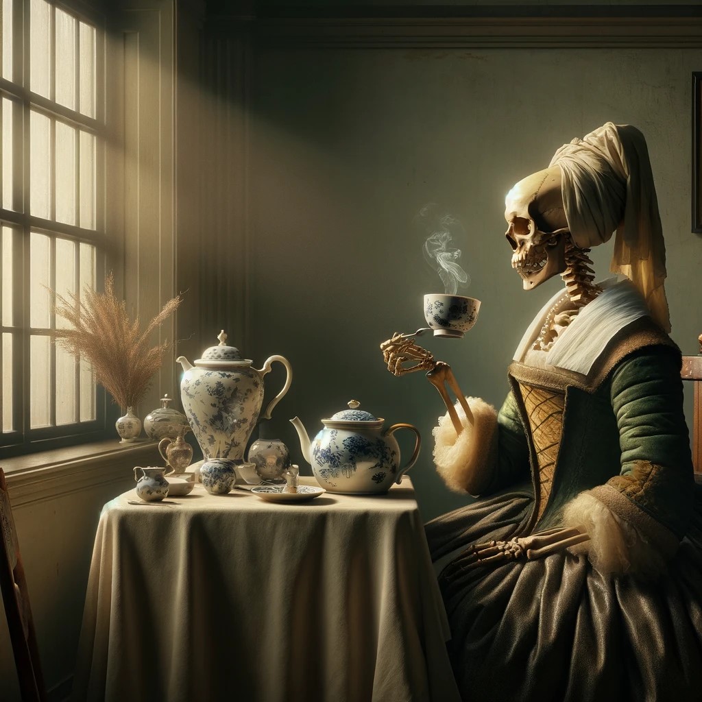 [The following image description was generated by ChatGPT, v. 4.] Create an image in the style of a Dutch oil painting, reminiscent of Johannes Vermeer's work. The scene depicts a skeleton seated at a table, elegantly drinking tea. The setting should resemble a 17th-century Dutch interior, with soft, natural lighting pouring in through a window, casting gentle shadows. The skeleton is dressed in period-appropriate attire, adding an air of sophistication. The table is adorned with a fine porcelain teapot and cup, and the overall ambiance is serene yet surreal, capturing the unique blend of realism and allegory typical of Vermeer's era.